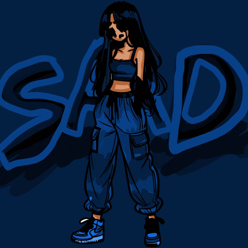 girl in baggy pants crop top and long hair