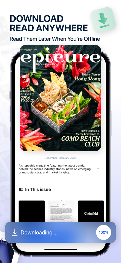 Tela de smartphone mostrando a capa da revista Epicure com uma barra de progresso de download indicando a capacidade de leitura offline