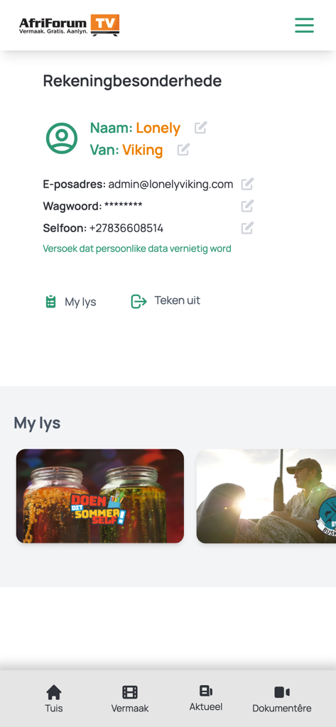 AfriForumTV - AfriForumTV mobile app account details page showing user profile and personal watch list.