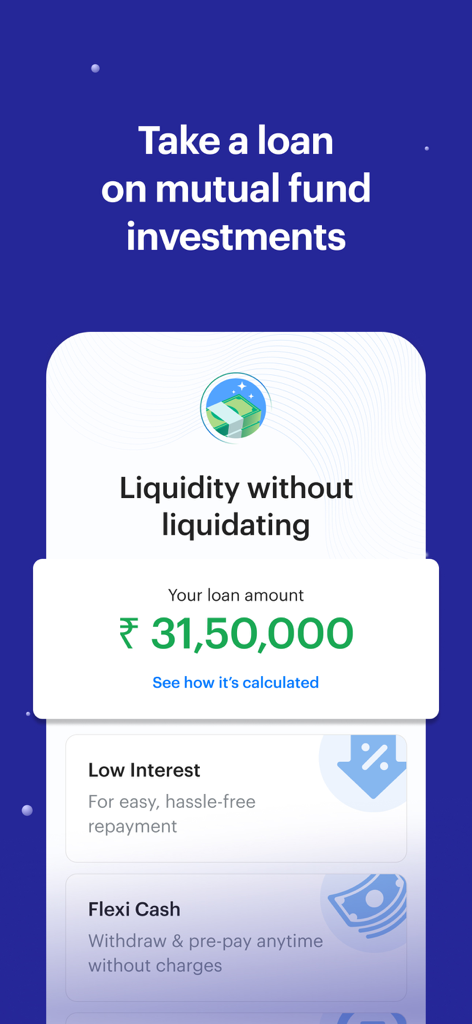 Smallcase app interface displaying loan against mutual fund investments feature with sample amount and benefits.