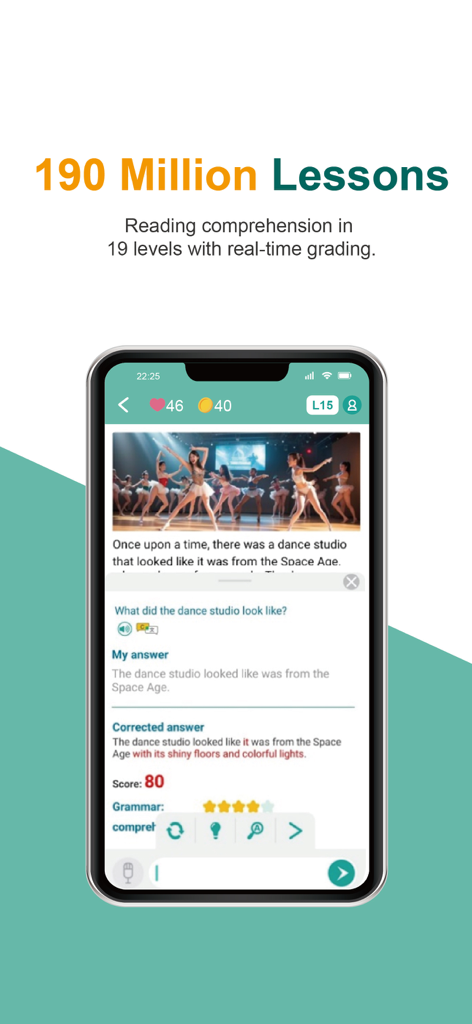 TutorJolly AI English Tutor - A reading comprehension exercise in the TutorJolly app featuring AI grading and grammar corrections