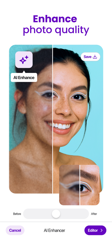 AI Background Editor - Ereasy - Before and after comparison of a portrait using AI photo enhancement tool