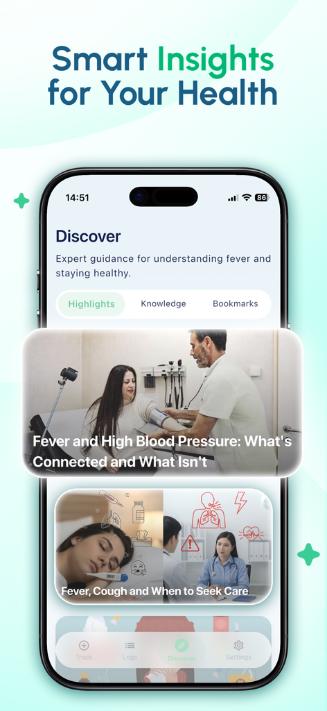 Body Temperature App Fever - Discover screen of the Body Temperature App showing expert health insights and articles about fever symptoms