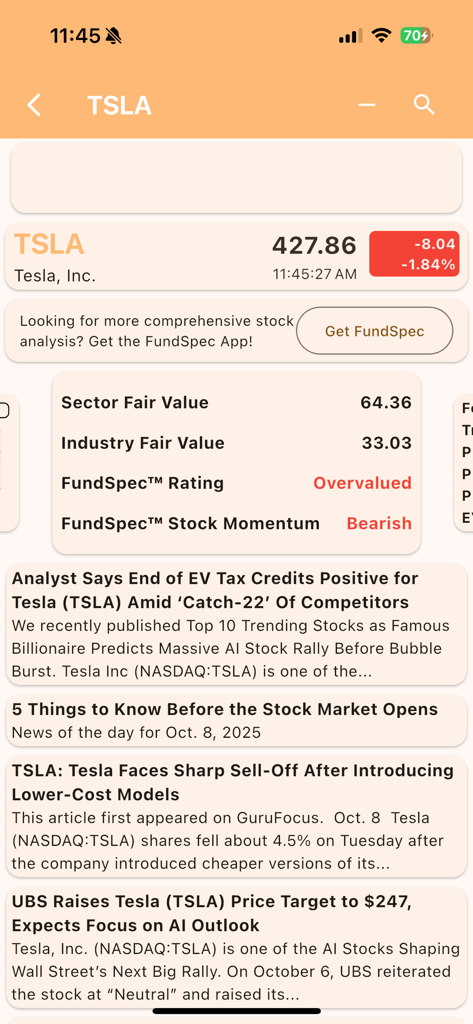 Preço das ações da Tesla e insights de mercado exibidos no aplicativo Just Stock Quotes