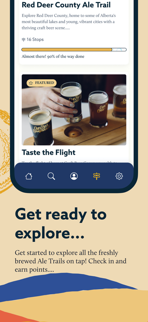 Alberta Ale Trail app interface showing Red Deer County itinerary progress and a featured beer flight