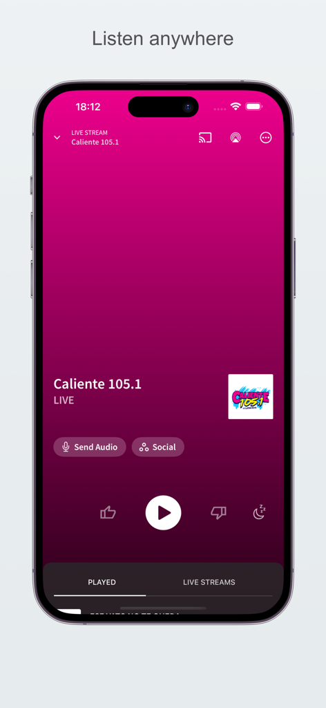 Caliente 105.1 - Tela de transmissão ao vivo do aplicativo móvel Caliente 105.1 apresentando controles de reprodução de áudio e marca da estação
