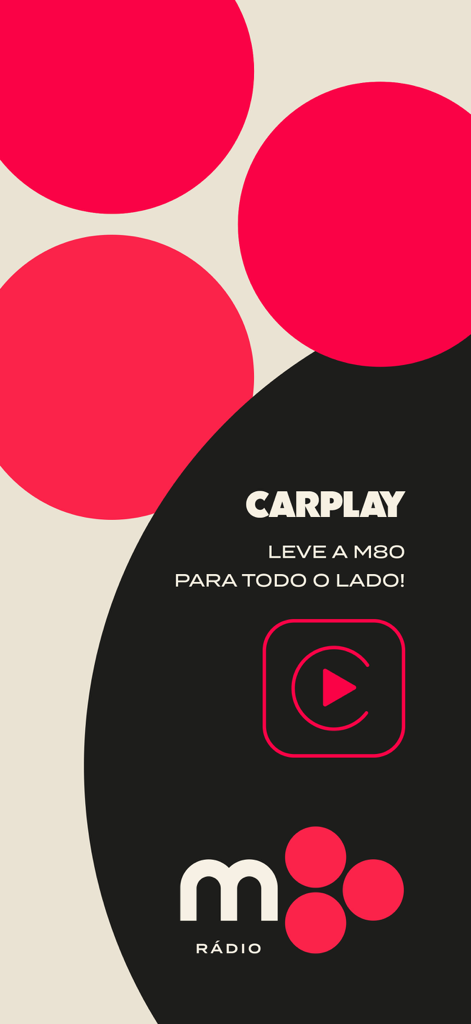 Pantalla promocional de M80 Radio que presenta la integración de Apple CarPlay para escuchar en el coche.