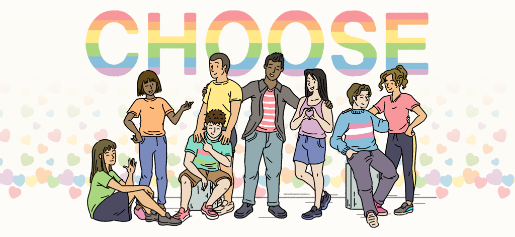 Adorable Home - A diverse group of illustrated characters standing under a large rainbow colored CHOOSE sign with a pastel heart background.