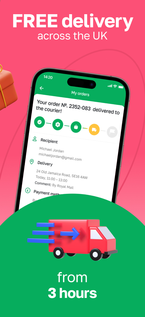 Flowers delivery - Myflowers - In-app order tracking screen showing a flower delivery status for a UK address with a 3-hour delivery promise.