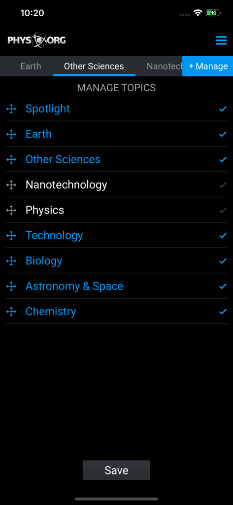 Phys.org app interface for managing and selecting science news topics