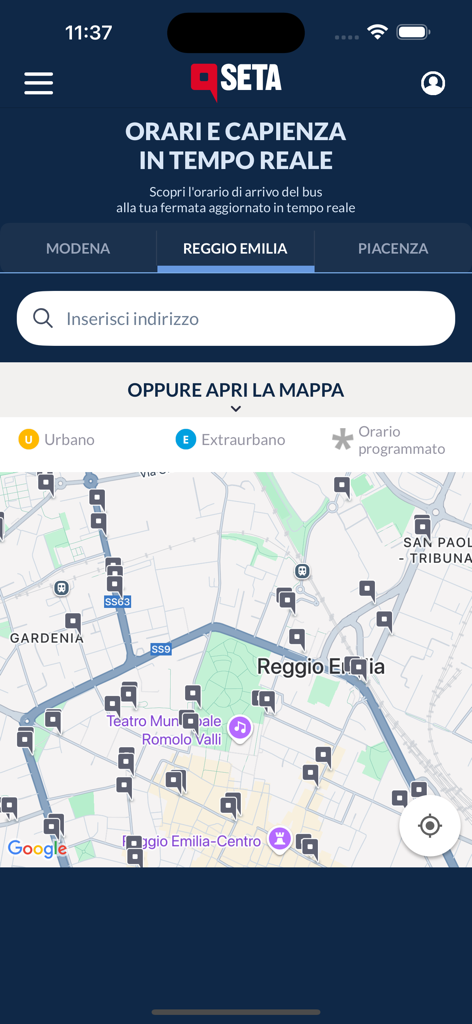 SETA - Schermata dell'app SETA che mostra le posizioni e gli orari degli autobus in tempo reale per Reggio Emilia Italia