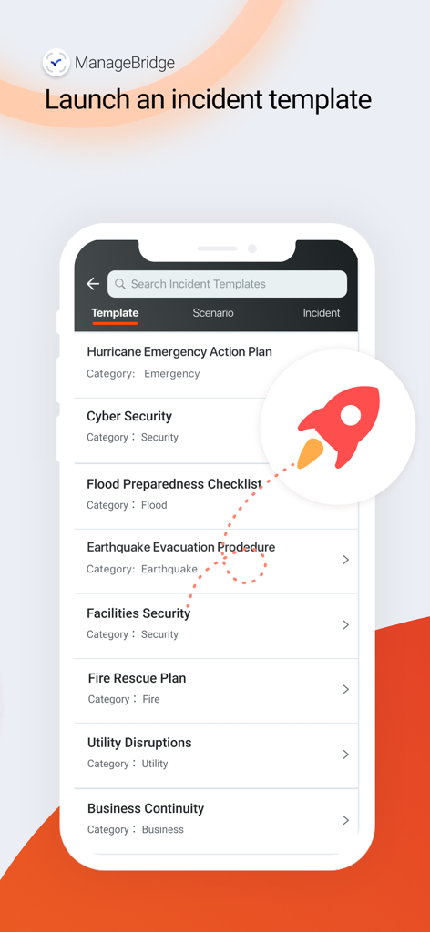 ManageBridge - ManageBridge app interface showing a list of emergency incident templates to launch.