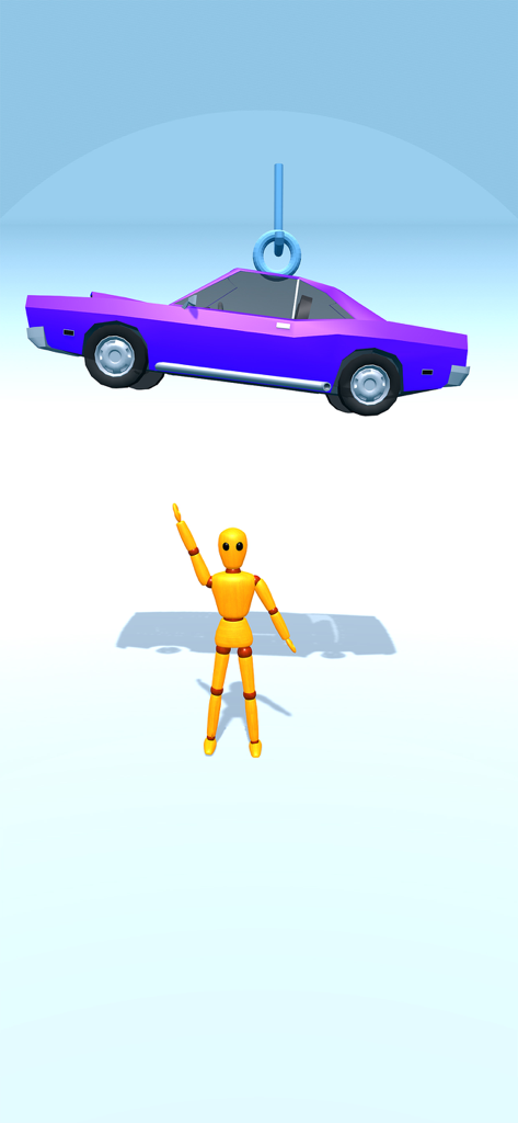 Un maniquí ragdoll amarillo de pie debajo de un coche morado suspendido en un juego de destrucción basado en física.