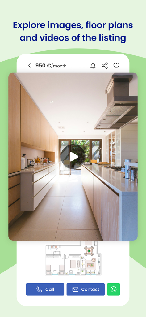 Mobile app screen showing a kitchen video tour floor plan and property price