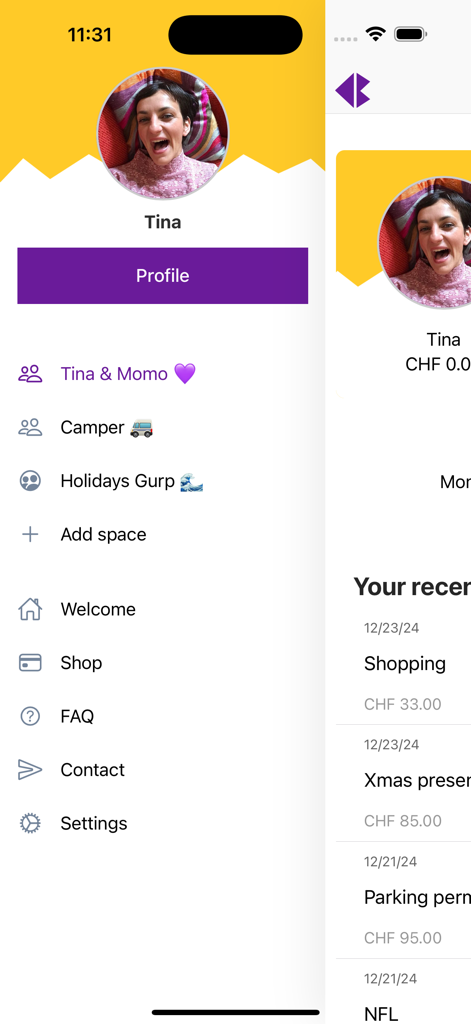 Couple-Budget - L'interface utilisateur de l'application Couple Budget montrant un menu latéral de profil et une liste des dépenses partagées récentes.