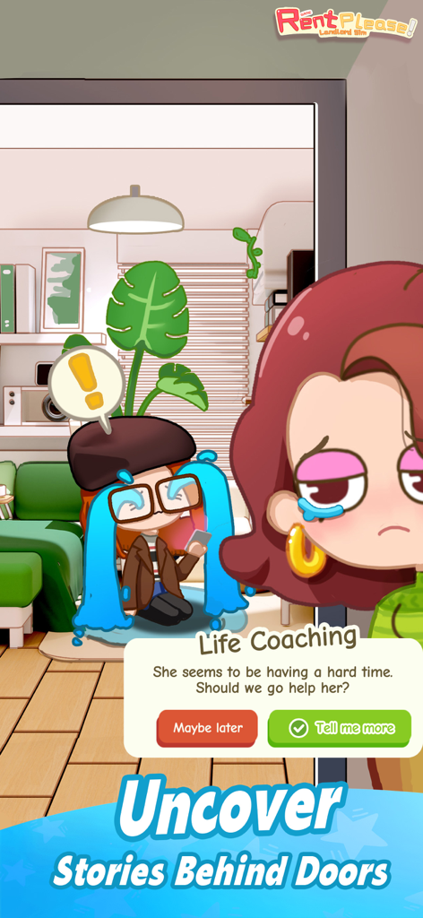 Una captura de pantalla del juego Rent Please! Landlord Sim que muestra una escena de diálogo donde el jugador interactúa con una inquilina triste para descubrir su historia.