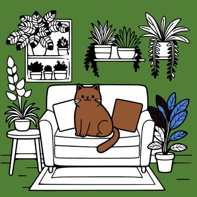 cat on a sofa in a room full of plants