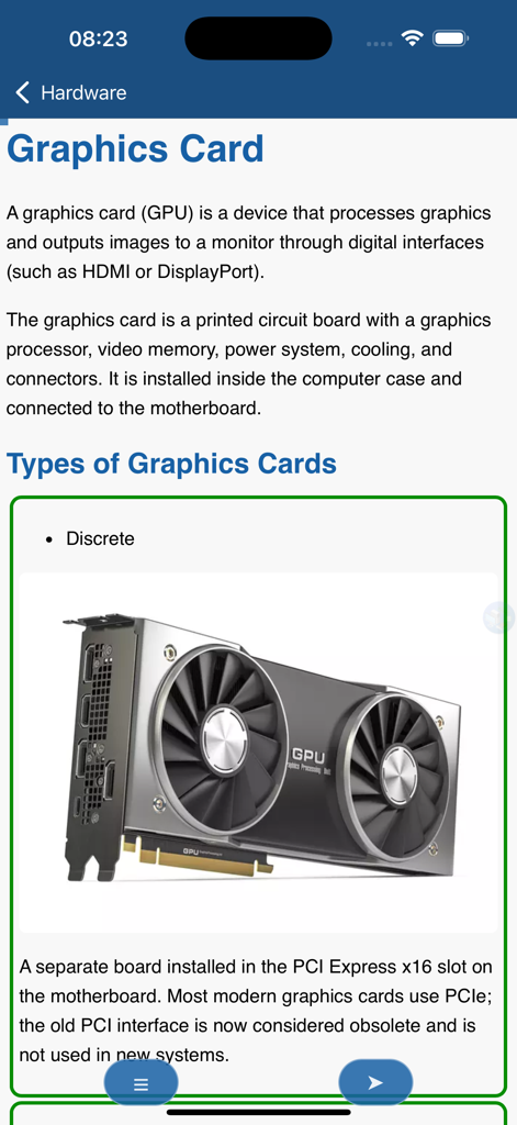 Una captura de pantalla de la aplicación Guía de PC de Conceptos Básicos de Informática que muestra un artículo educativo sobre tarjetas gráficas discretas con una ilustración de una GPU.