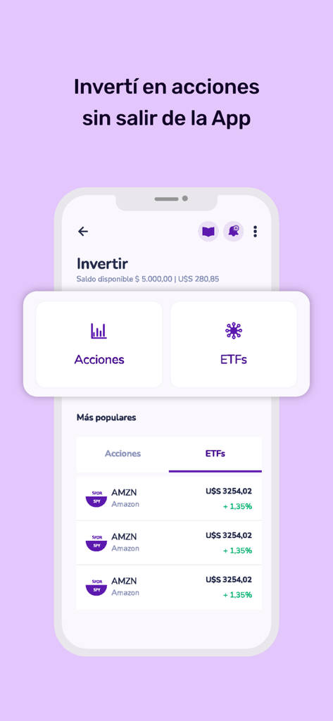 Prex Uruguay - Prex Uruguay Mobile App-Bildschirm, der Anlageoptionen für Aktien und ETFs anzeigt.