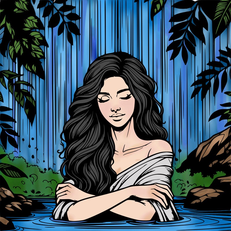 realistic female model under waterfall