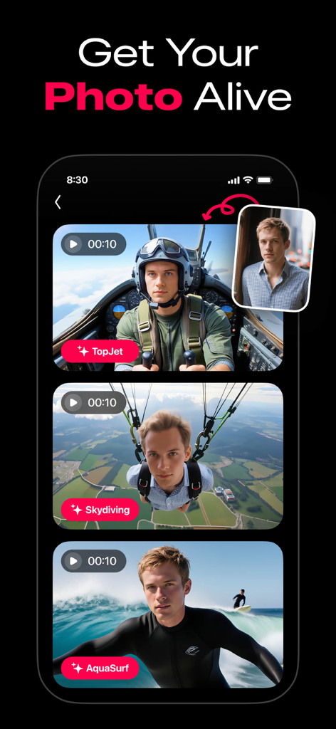AI video generator interface showing a portrait photo transformed into action video templates like skydiving and surfing
