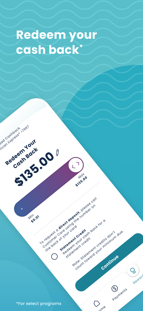 Bread Financial App-Oberfläche zur Einlösung von Cash-Back-Prämien mit einem Guthaben von 135 Dollar und einem Schieberegler zur Auswahl des Einlösung-Betrags