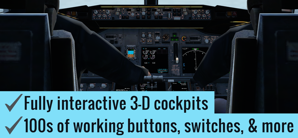 Um cockpit de aeronave 3D detalhado no X Plane Flight Simulator, apresentando botões e interruptores interativos.