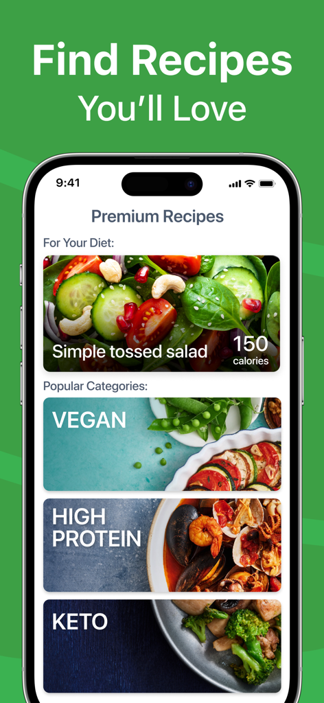 Calorie Counter PRO MyNetDiary - MyNetDiary app premium recipes interface featuring vegan high protein and keto diet categories