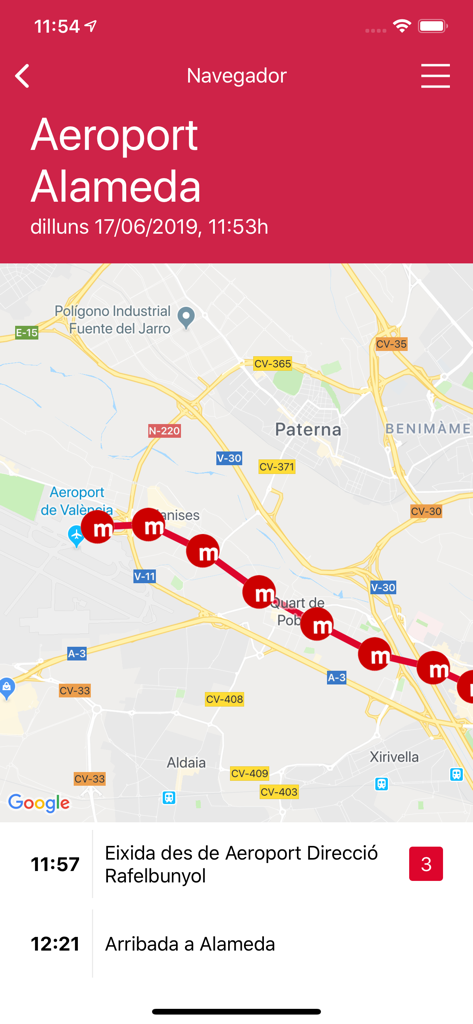 지도 및 시간표 정보와 함께 발렌시아 공항에서 알라메다 역까지의 교통 경로를 표시하는 공식 메트로발렌시아 앱의 스크린샷