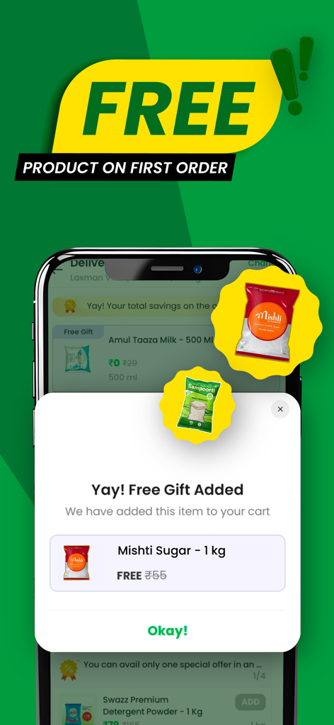 DealShare mobile app screen showing a free gift of sugar added to the cart for a first order