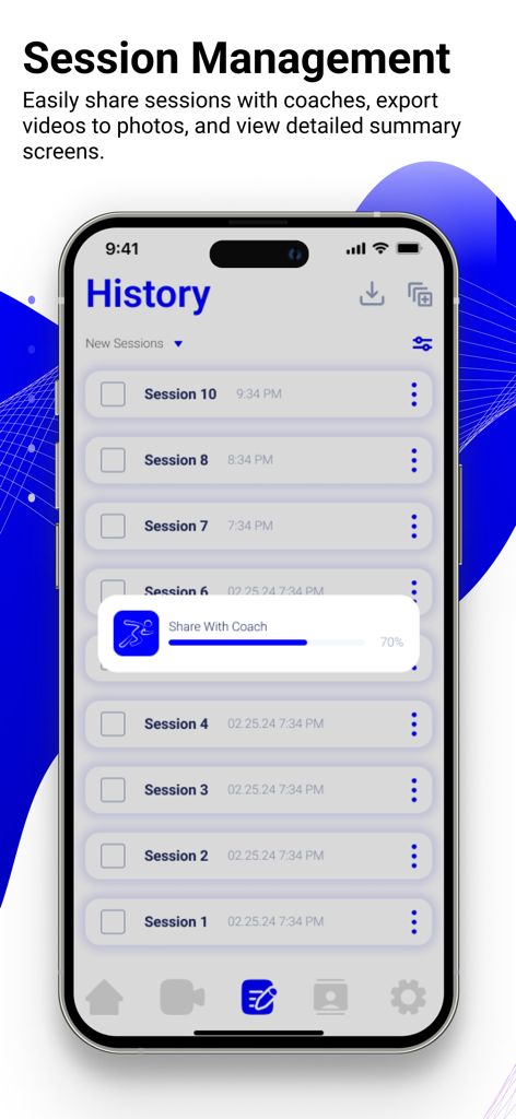 Pantalla de historial de la aplicación AiKYNETIX con gestión de sesiones y función para compartir con el entrenador