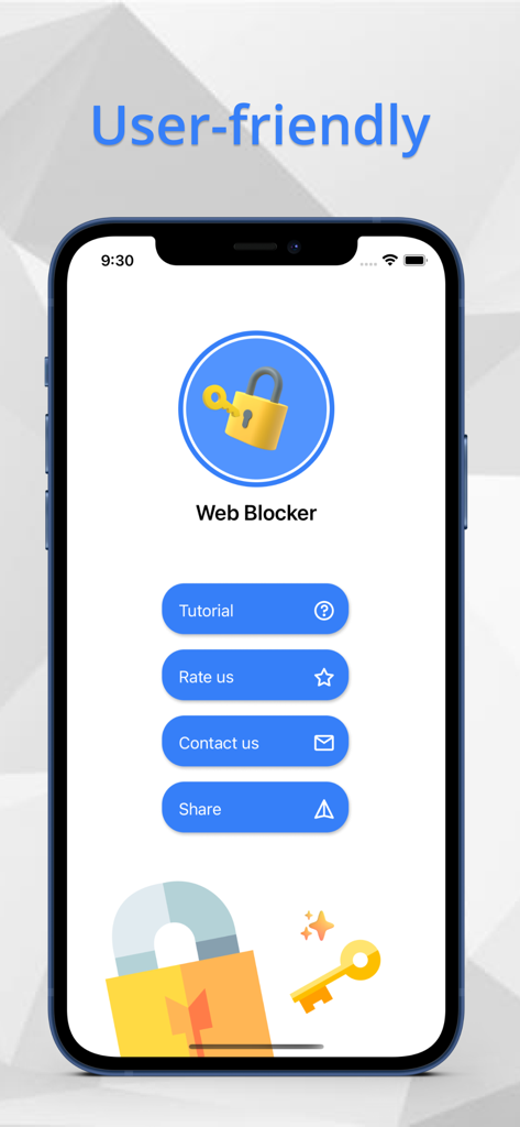 Web Blocker app home screen showing a user-friendly interface with options for tutorials and settings.