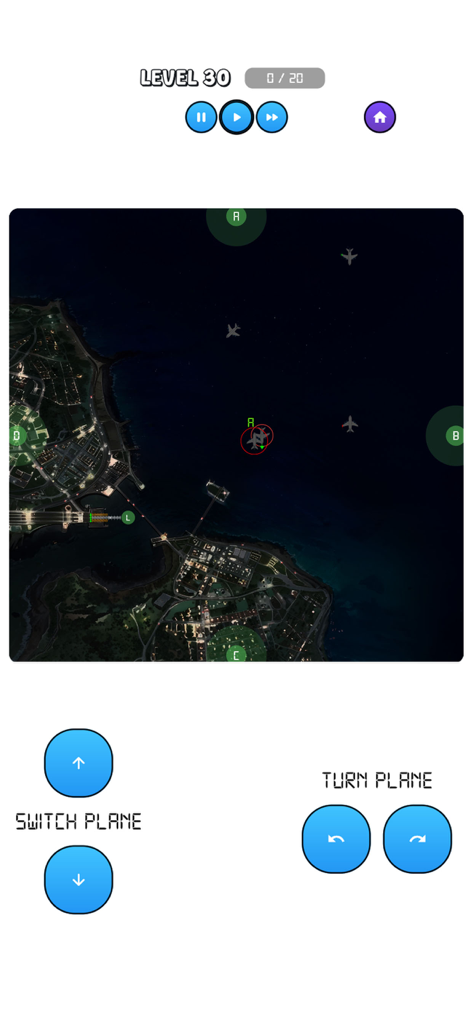 Air Traffic Control ATC game interface showing a night radar map with aircraft and flight controls.