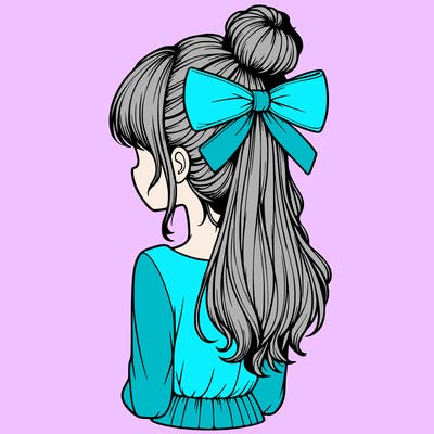 realistic girl  with hip length hair a bun and a big bow on the back of head