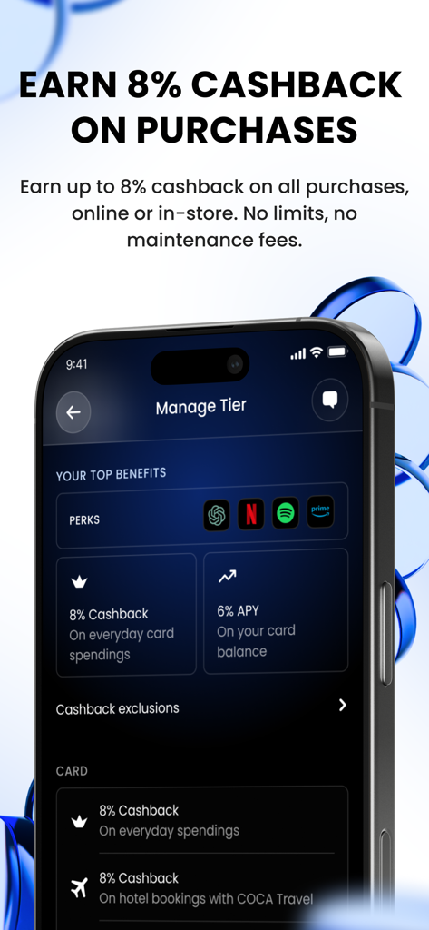 COCA: Crypto Card & Wallet - A smartphone display showing the COCA app rewards interface with 8 percent cashback on purchases and subscription perks.