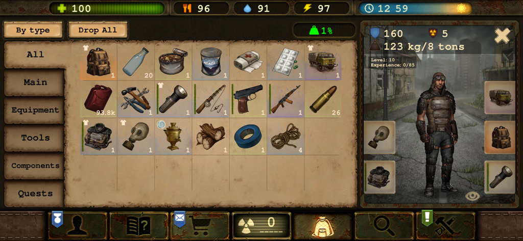 Day R Premium: Survival RPG - Inventory management screen showing character equipment and survival supplies in Day R Premium