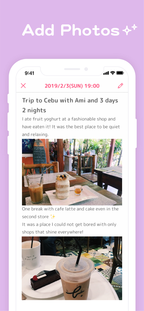 A journal entry in the Diary Note app showing text and multiple photos from a trip