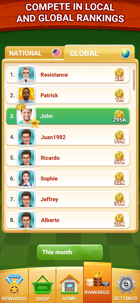 Global leaderboard showing player rankings and scores in the Quick Checkers mobile game