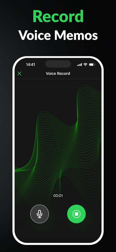Call Recorder for iPhone. - Interface de l'application Enregistreur d'appels pour iPhone montrant une session d'enregistrement de mémo vocal avec une forme d'onde verte.