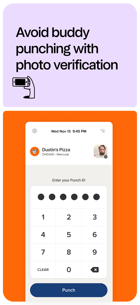 7punches app interface showing numeric keypad and photo verification to prevent buddy punching.