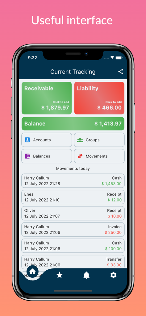 Current Tracking - ENOR - Painel do aplicativo Current Tracking exibindo totais de contas a receber e a pagar, juntamente com uma lista de transações financeiras diárias
