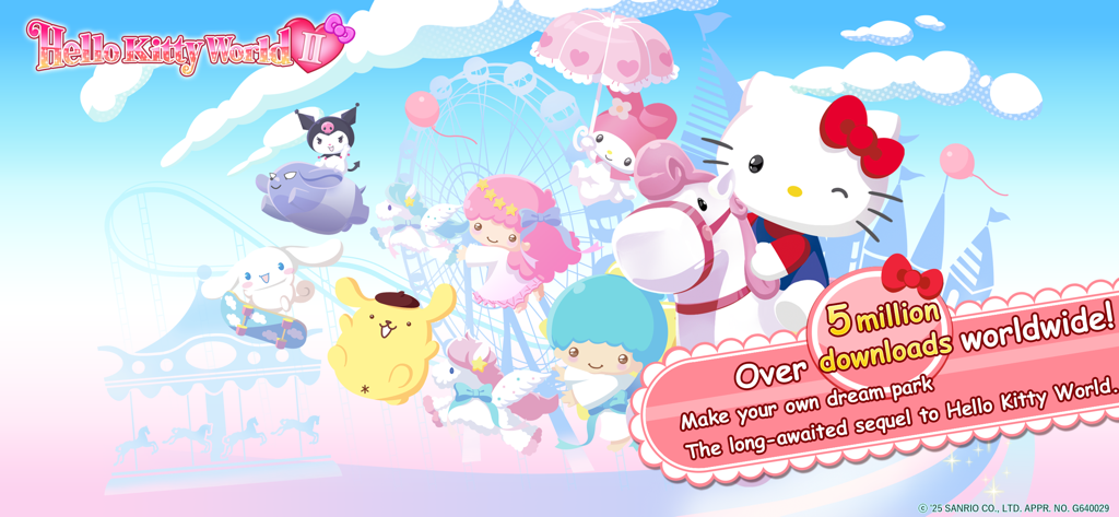 Hello Kitty World 2 - 헬로키티 월드 2 홍보 이미지, 파스텔톤 테마파크 배경에 헬로키티와 친구들이 등장
