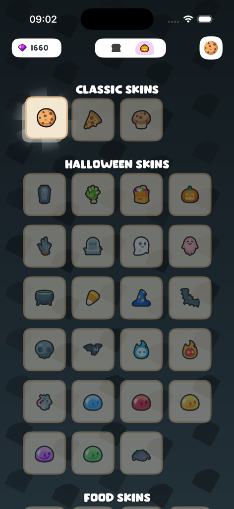 Cookie Empire: Idle Clicker - Menú dentro del juego de Cookie Empire que muestra varias skins de galletas desbloqueables, incluyendo artículos clásicos de comida y temáticos de Halloween.