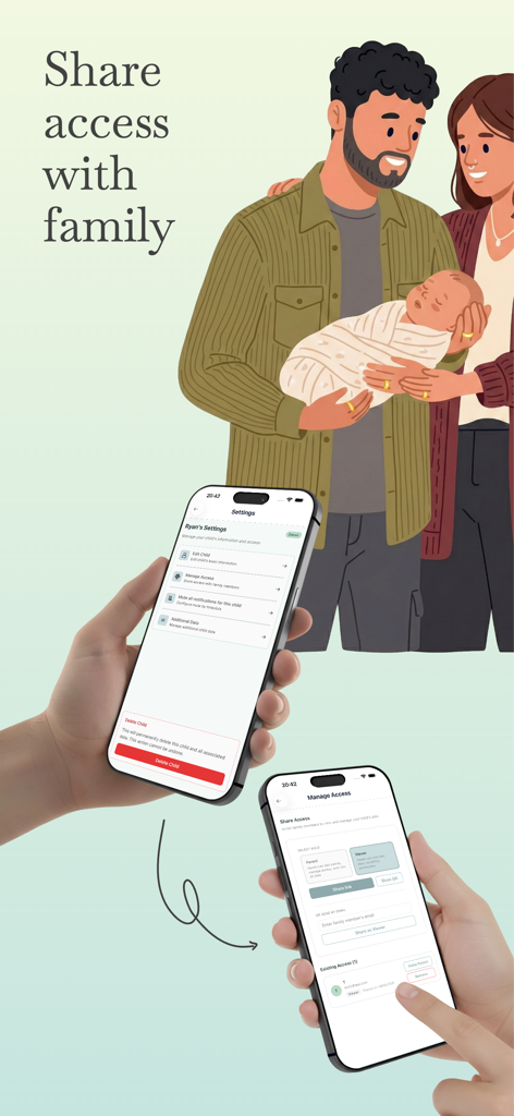 Baby Daily Care: AI Tracker - A family holding a baby alongside app screens showing how to share access with caregivers