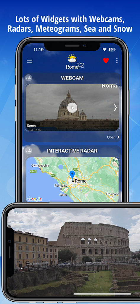 App Meteo su iPhone che mostra webcam live di Roma e radar meteorologico interattivo