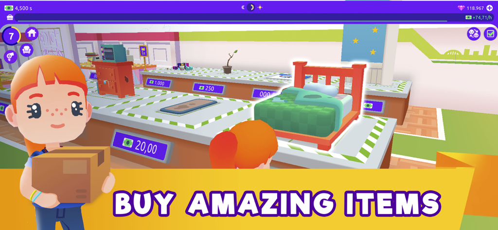 Idle Life Sim - Simulator Game - Un personnage dans Idle Life Sim faisant des achats de meubles comme un lit et des objets de décoration.