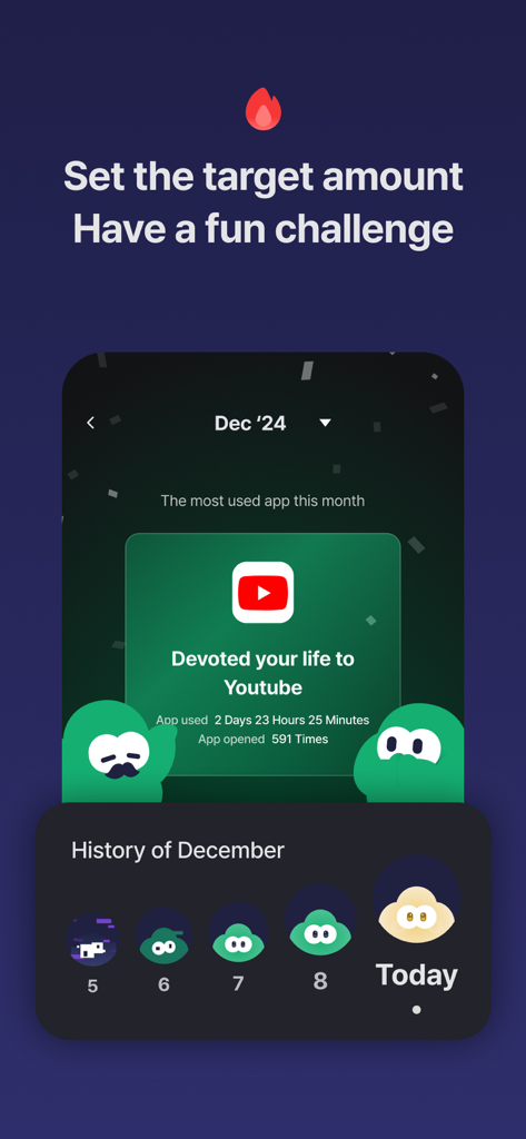 Turning: Screen Time & Routine - Turning app screen showing monthly YouTube usage statistics and gamified habit tracking history