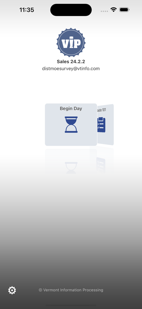 The home screen of the VIP Sales app for beverage distributors showing a Begin Day button with an hourglass icon