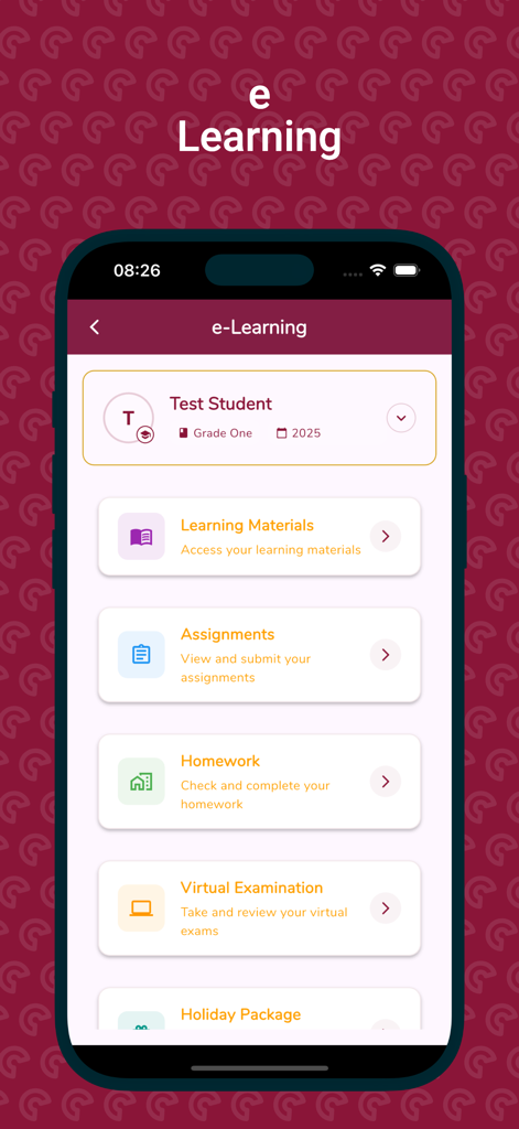 Panel de aprendizaje electrónico de la aplicación Moga Schools que muestra opciones de menú para materiales de aprendizaje, tareas y deberes.