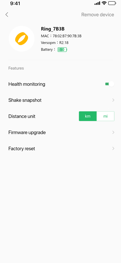 LenSmart Life app interface showing device settings for a smart ring including battery level and health monitoring options